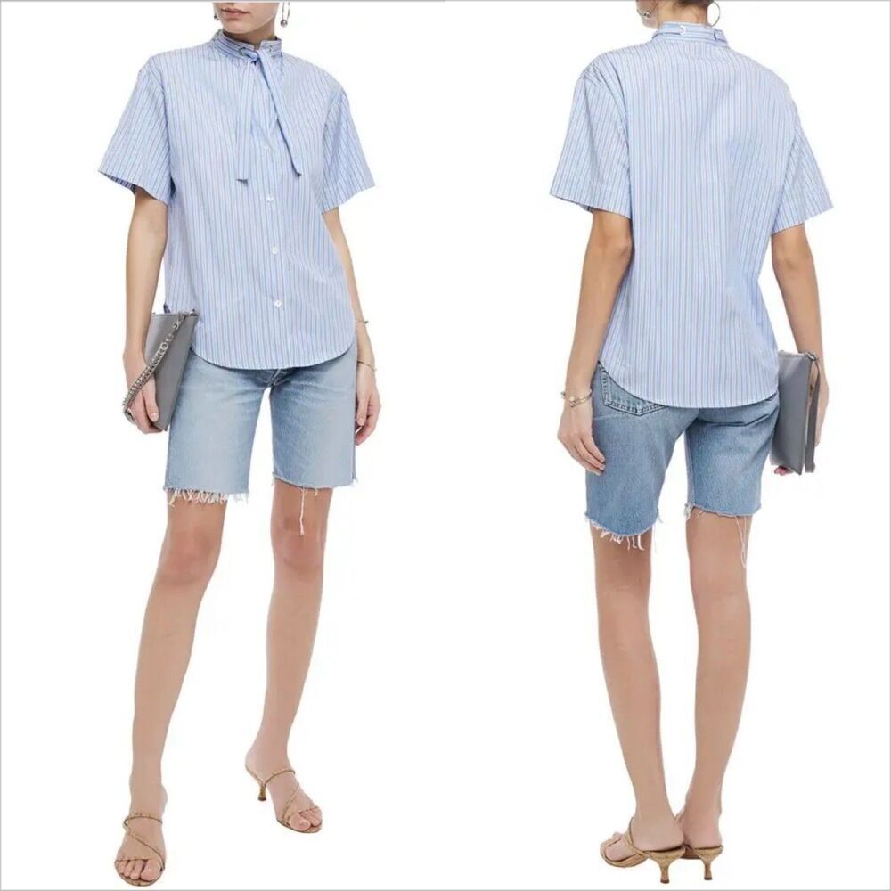 Sandro Paris Jacob Striped Top Size 2 US 6 Cotton Poplin Tie Neck Quiet Luxury